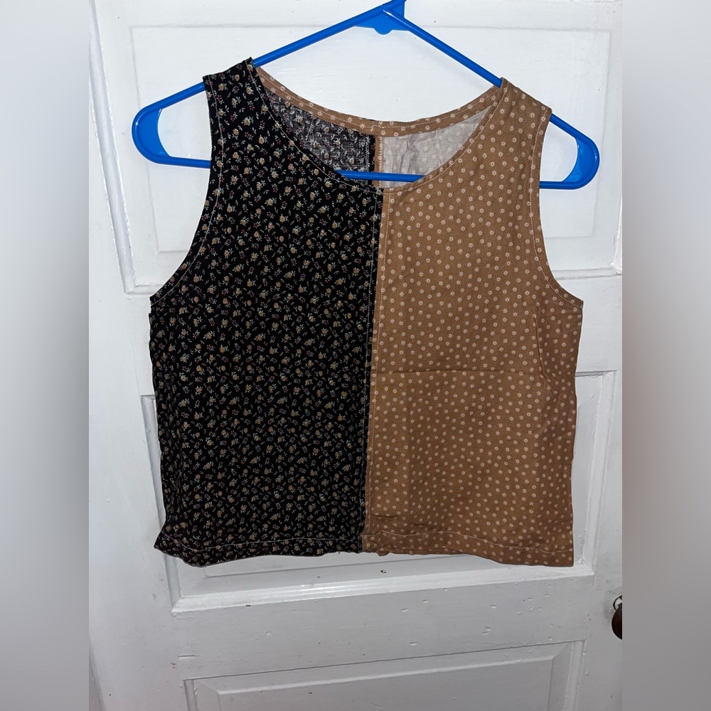 Two Tone Floral Print Linen Like Top